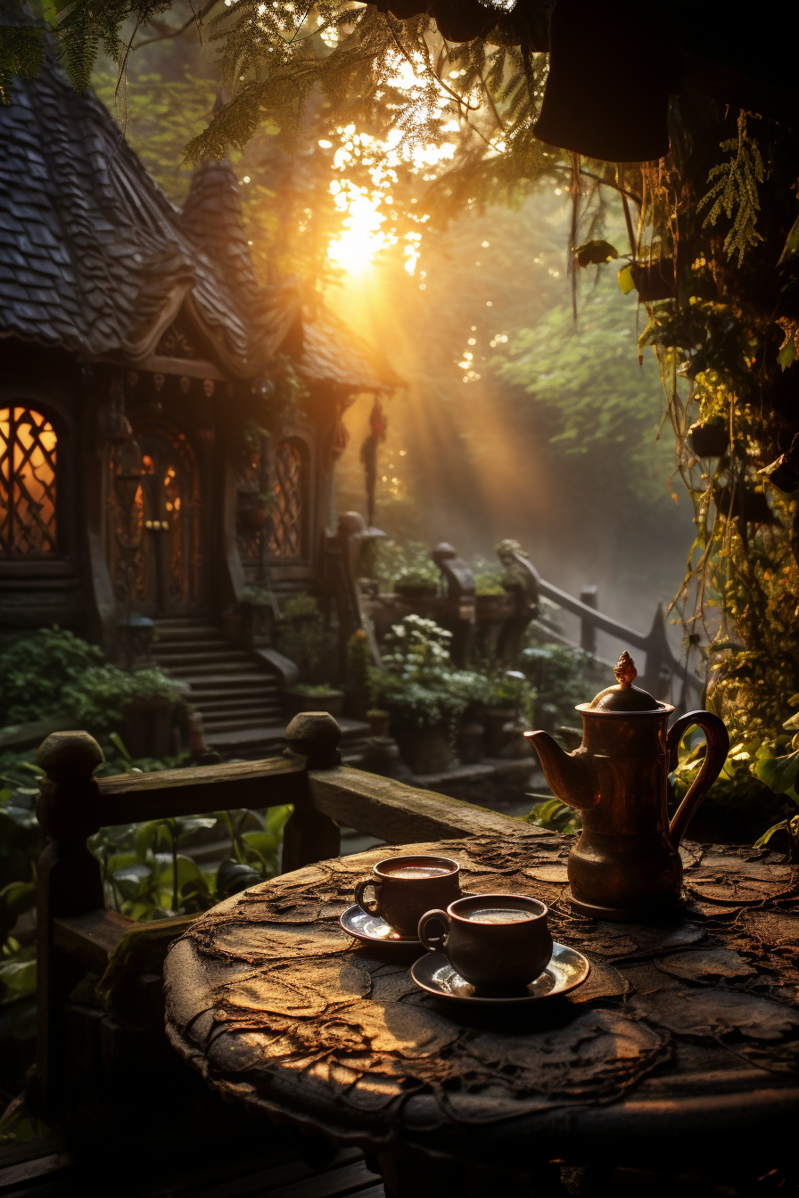 A cup of coffee on a table in a wood elf's house