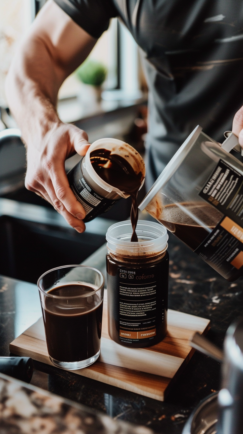 Man pouring coffee testosterone booster on counter