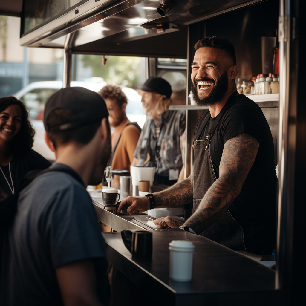 Busy coffee truck with smiling barista serving customers