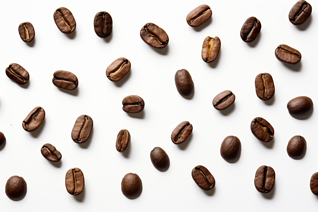 Scattered coffee beans on white background