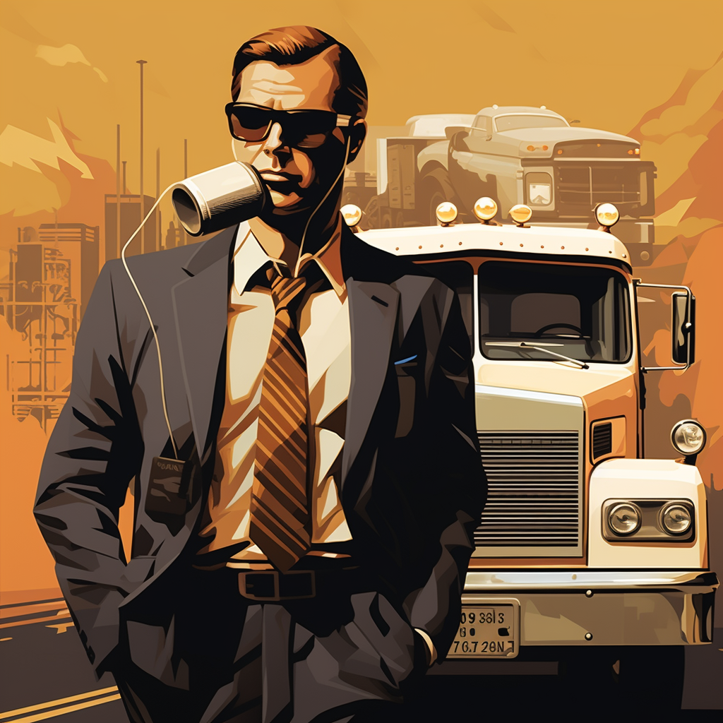 Stylish man with headset in retro coffee brand poster