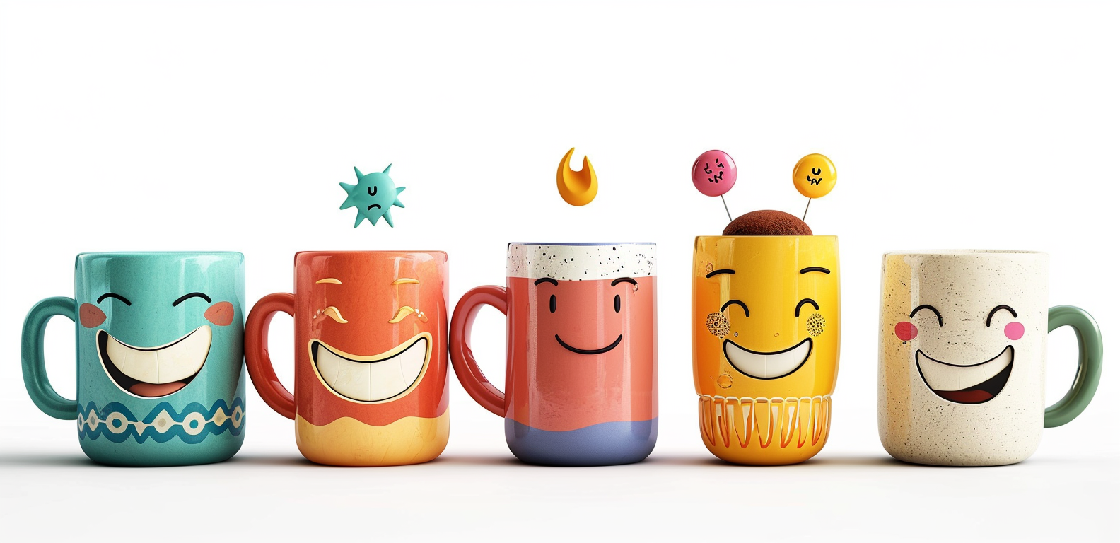 Smiling coffee mug characters on white background