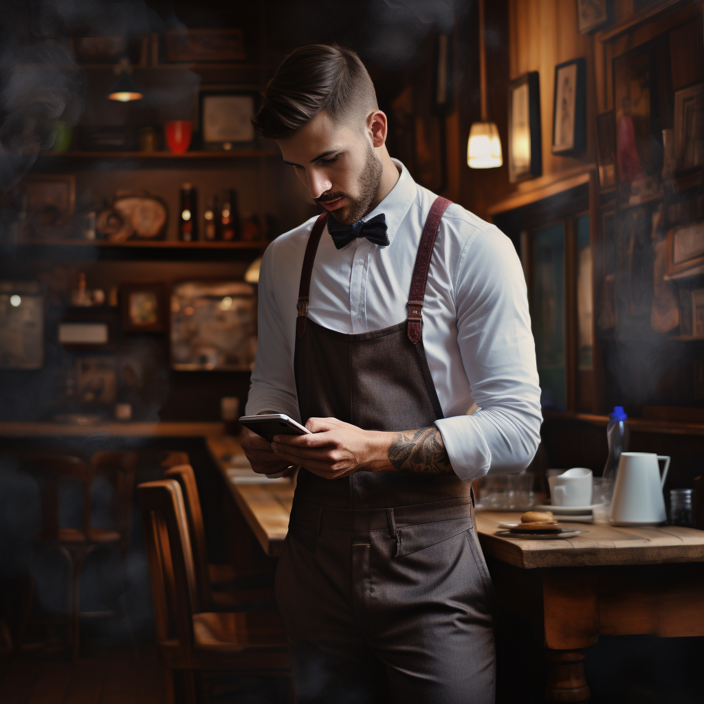 Waiter using smartphone in coffeehouse