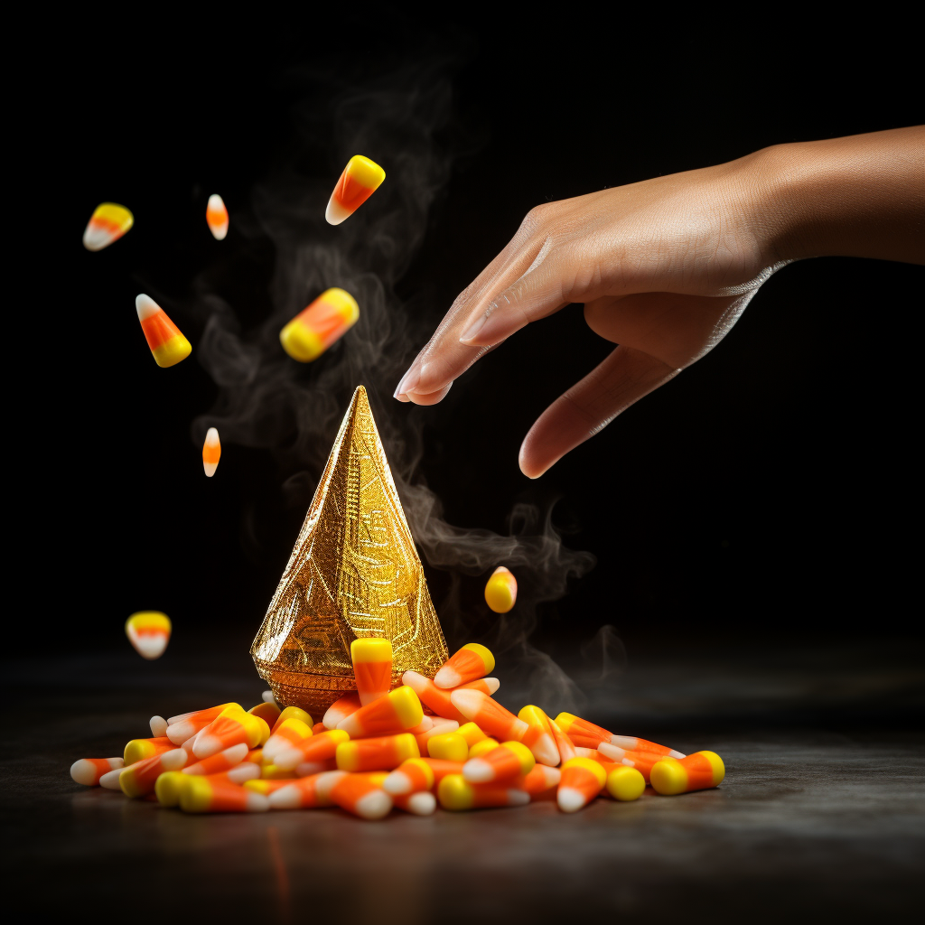 Hand tossing coin with candy corn and crypto symbol