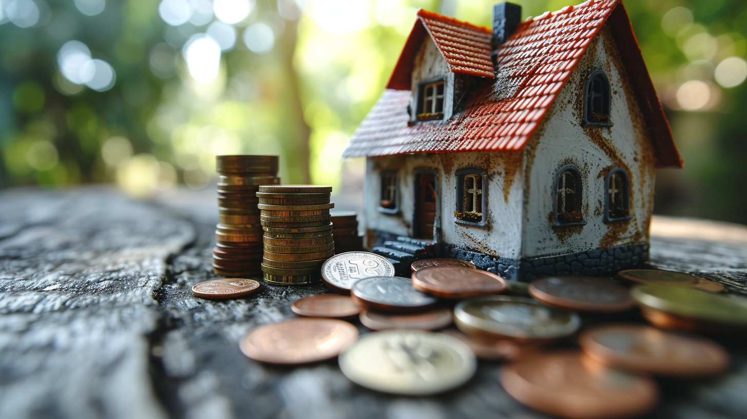 Stack of coins next to toy model house