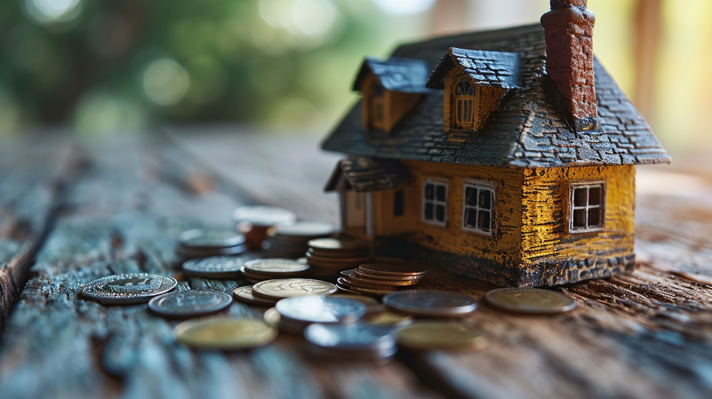 Stack of coins next to a toy model house