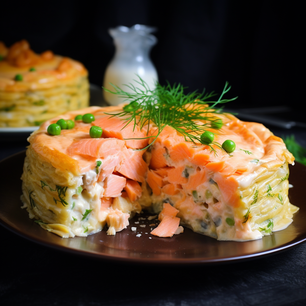 Cold salmon pie topped with fresh herbs