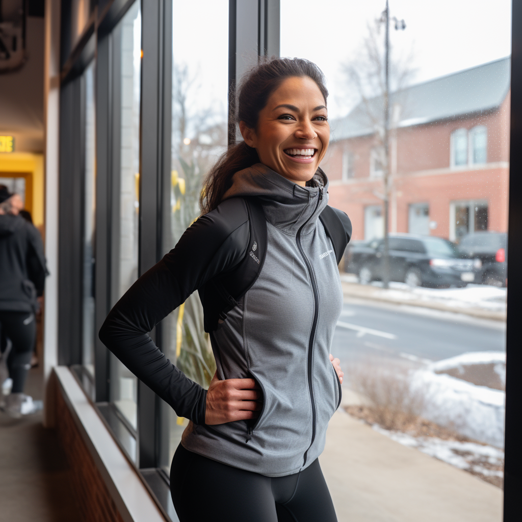 Woman Peering into Fitness Studio Lobby