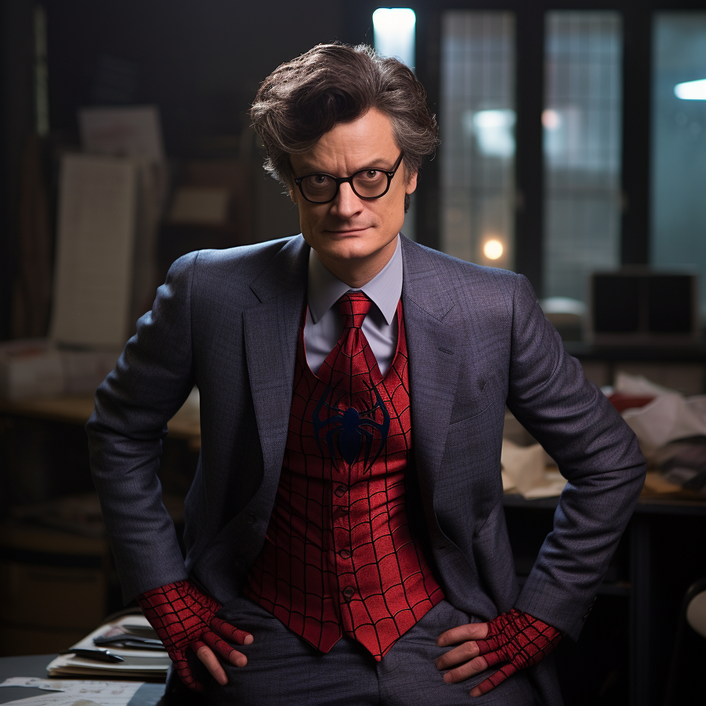 Colin Firth in Spider-Man Costume with Grey Blazer and Wig