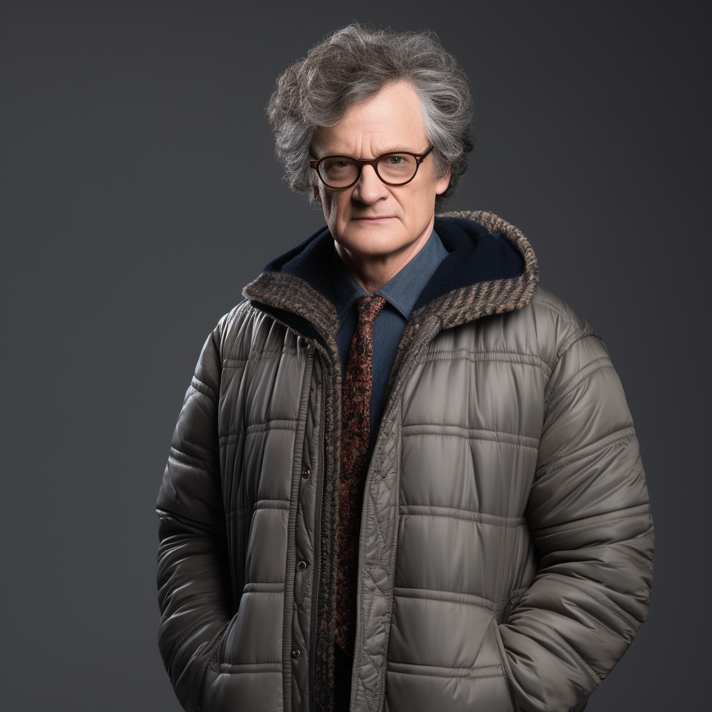 Colin Firth as Spider-Man in funny wig and large gray jacket