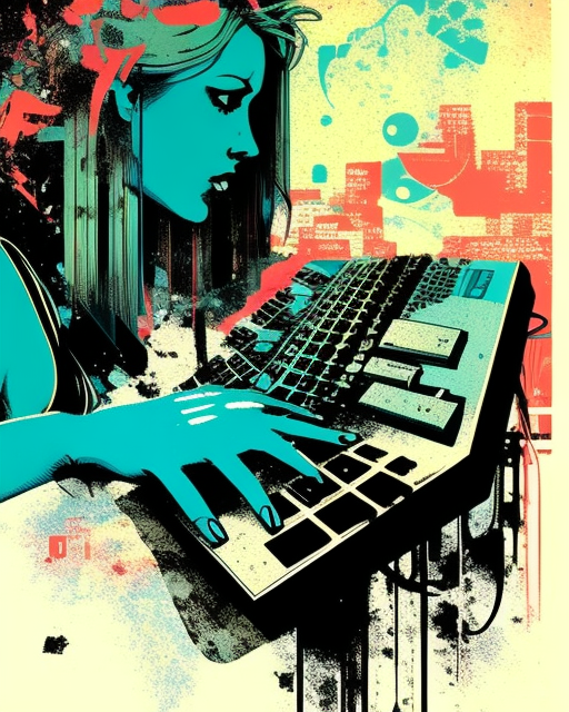 Collage Illustration of Woman Writing on Keyboard with AI Computers