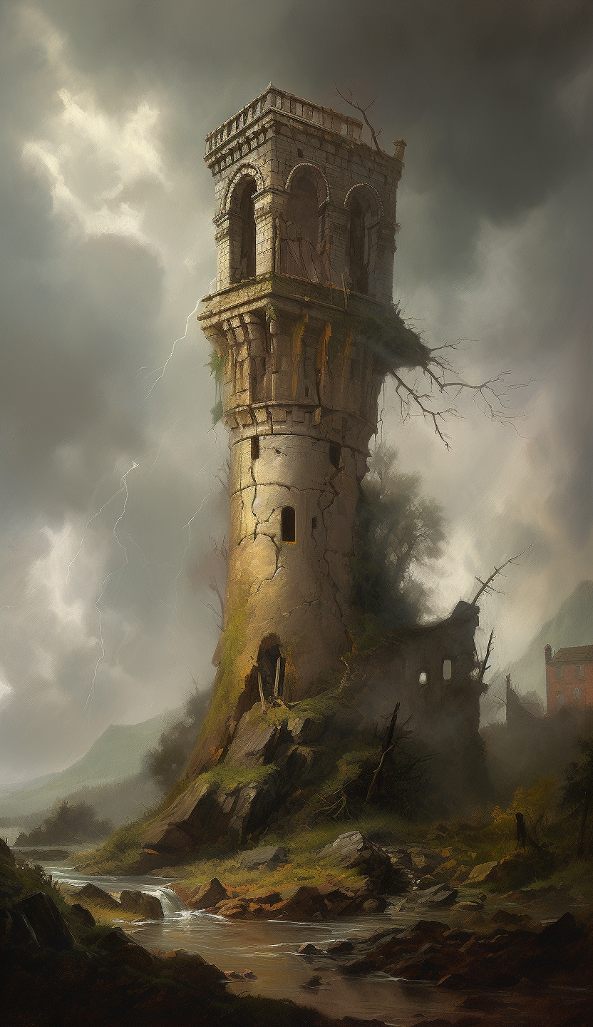 Tower collapsing in thunderstorm