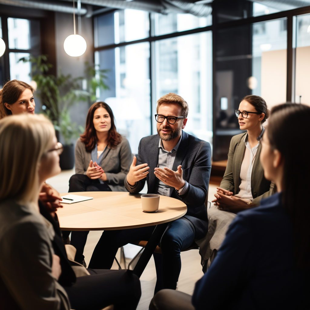 Group of colleagues in business workshop speaking