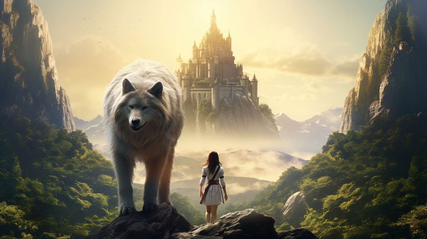 College aged girl and dire wolf in picturesque landscape