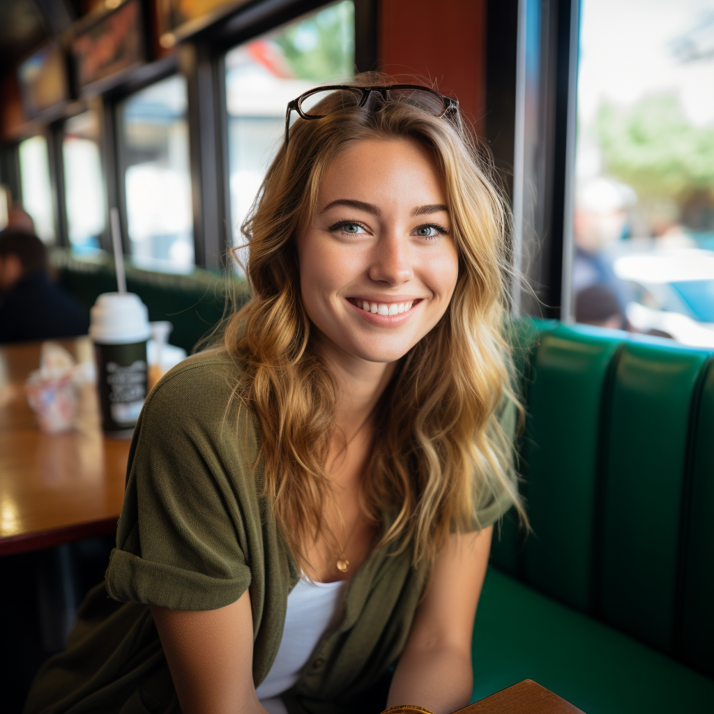 College-aged woman smiling at restaurant