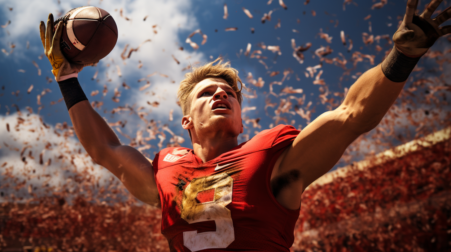 College football players throwing ball in the air