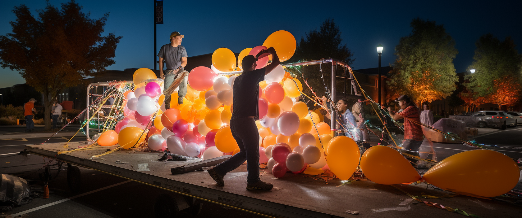 College fraternity students building homecoming float