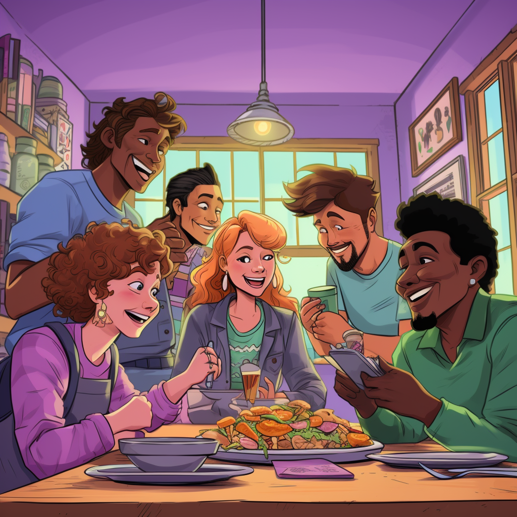 Cartoon image of diverse college friends in kitchen