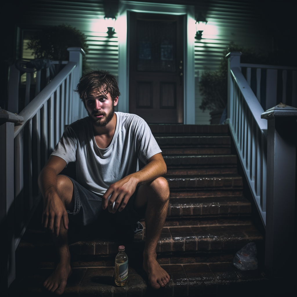 A college guy overwhelmed by drinks on porch