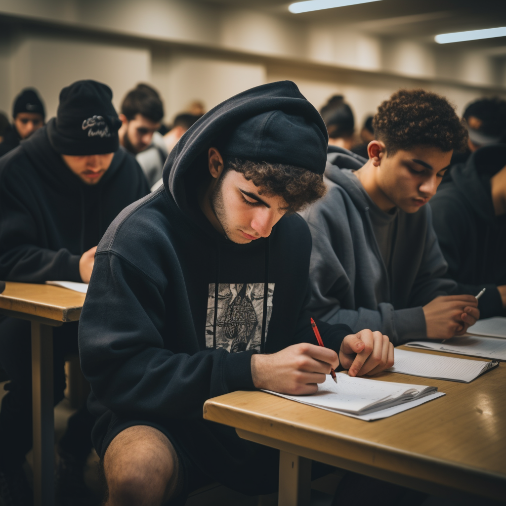 College kids learning Artscroll Gemara in hoodies