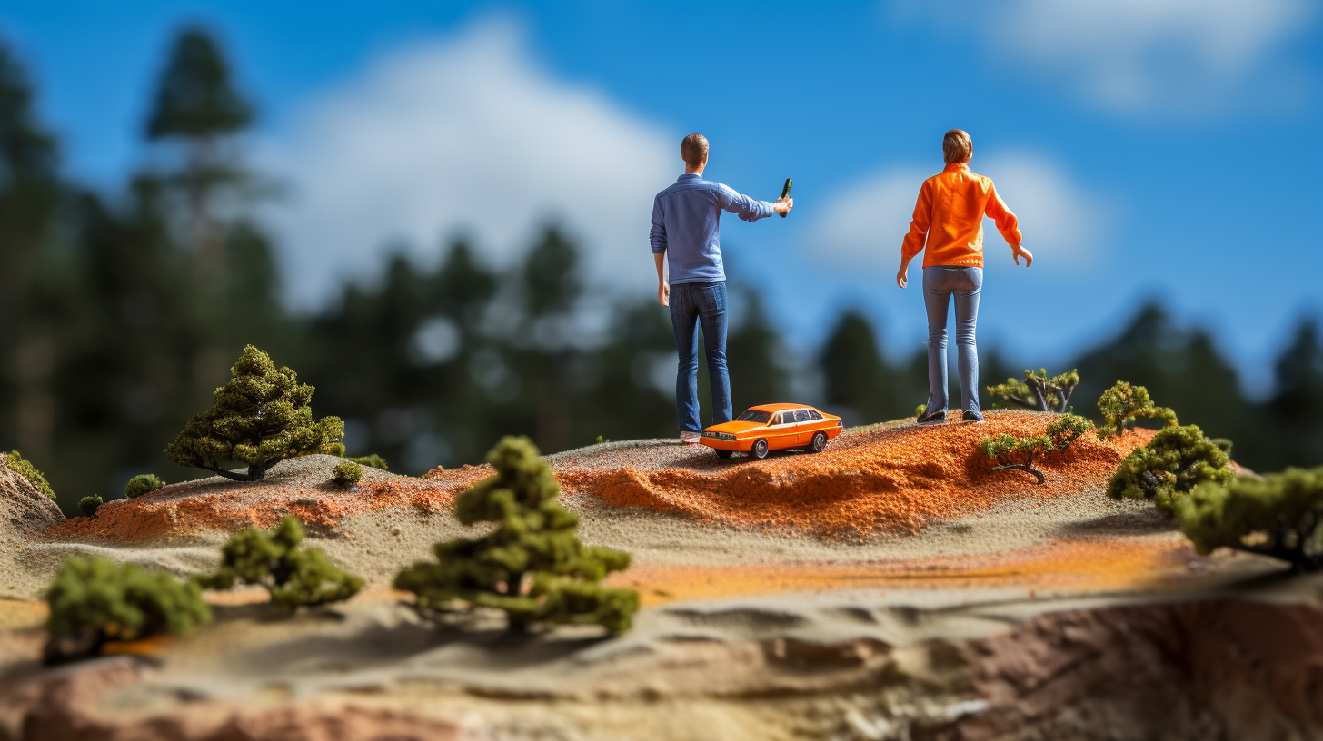 College students racing toy cars on a hill