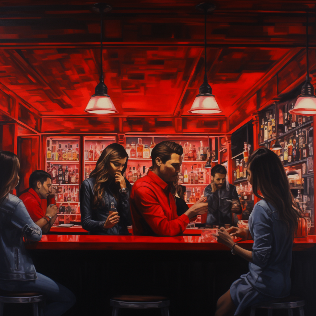 Lively college bar with red ambiance