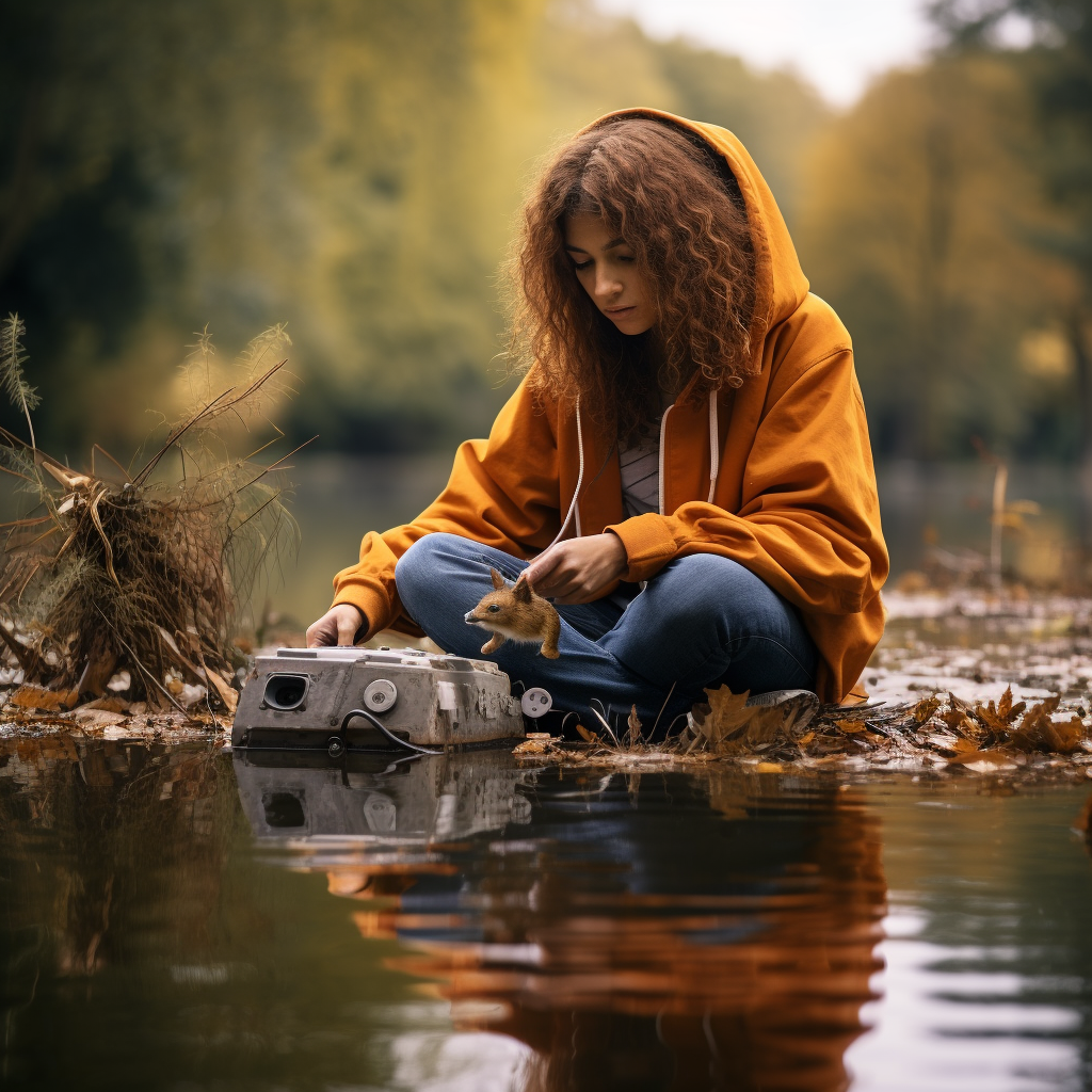 College Woman Enjoying RC Boat at the Lake