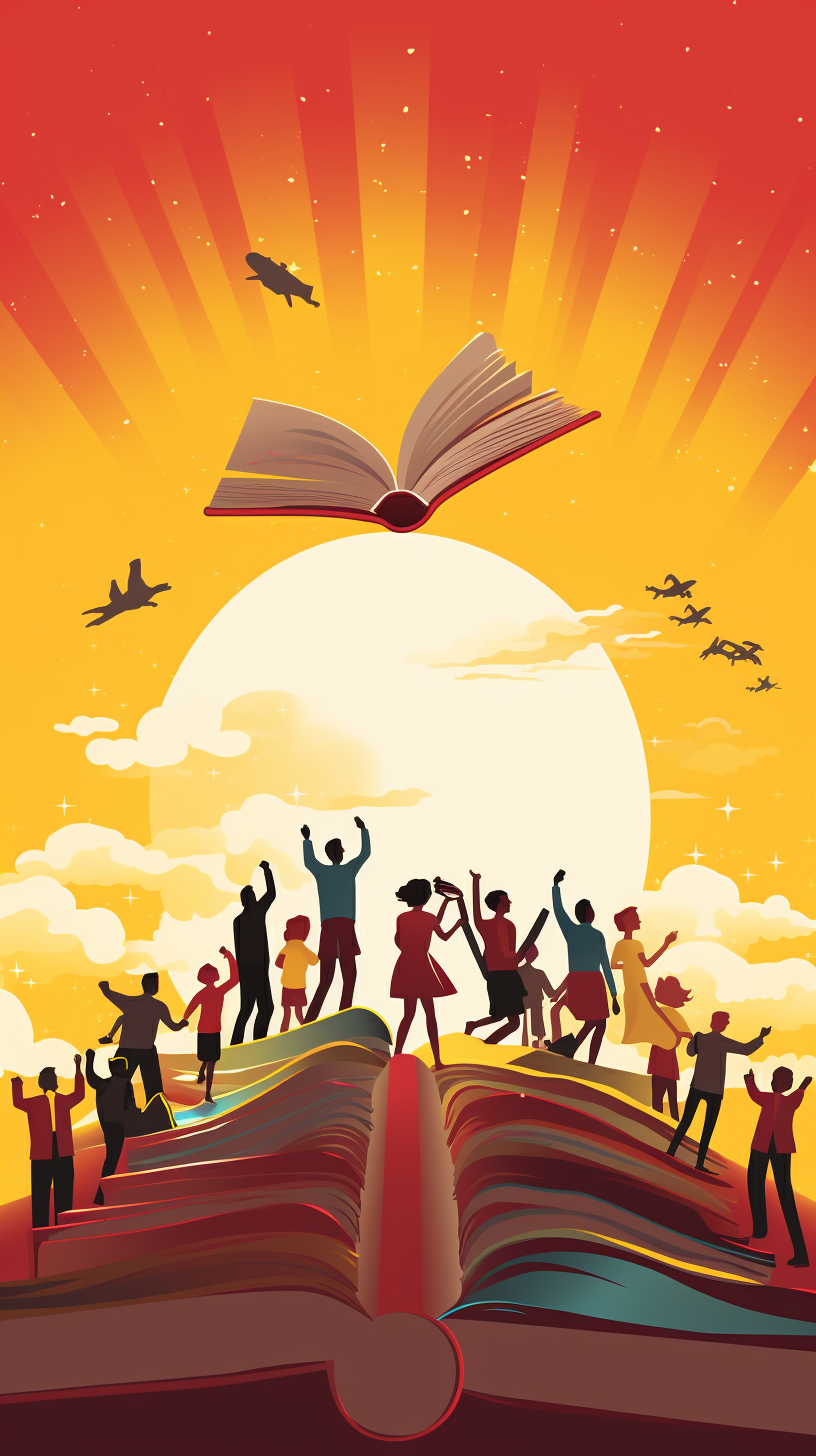 College books flying on red and yellow background