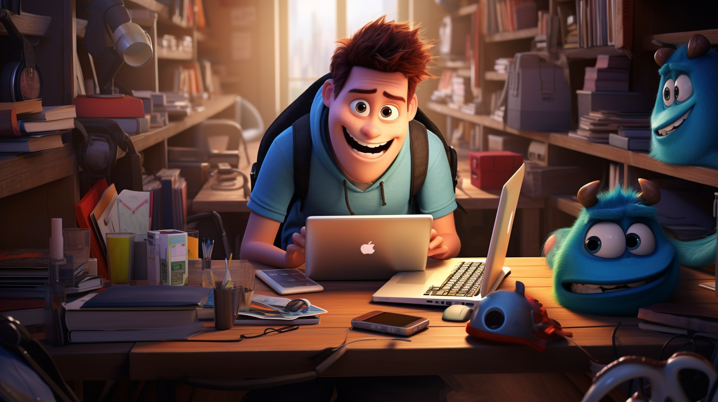 College student motivated and confident in Pixar style