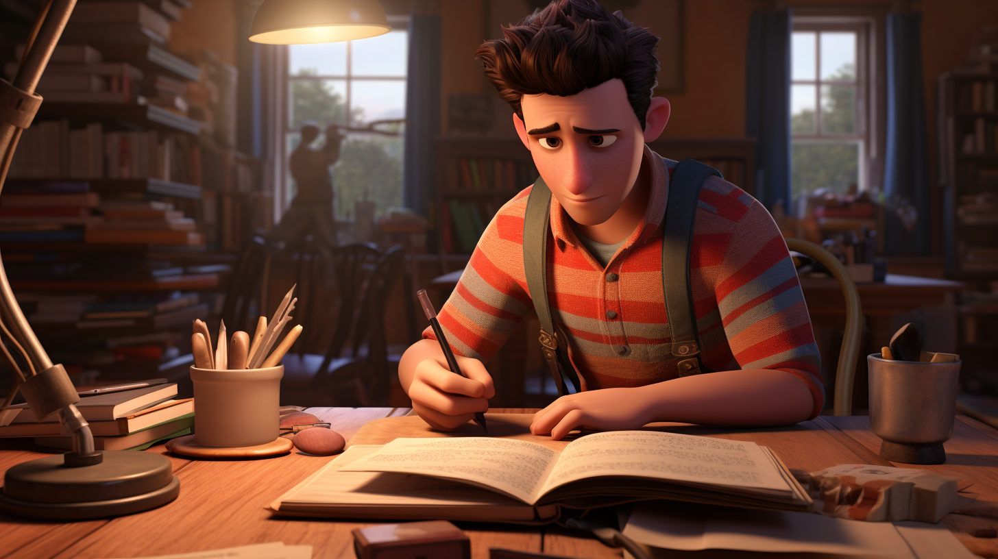 Creative college student writing in Pixar style