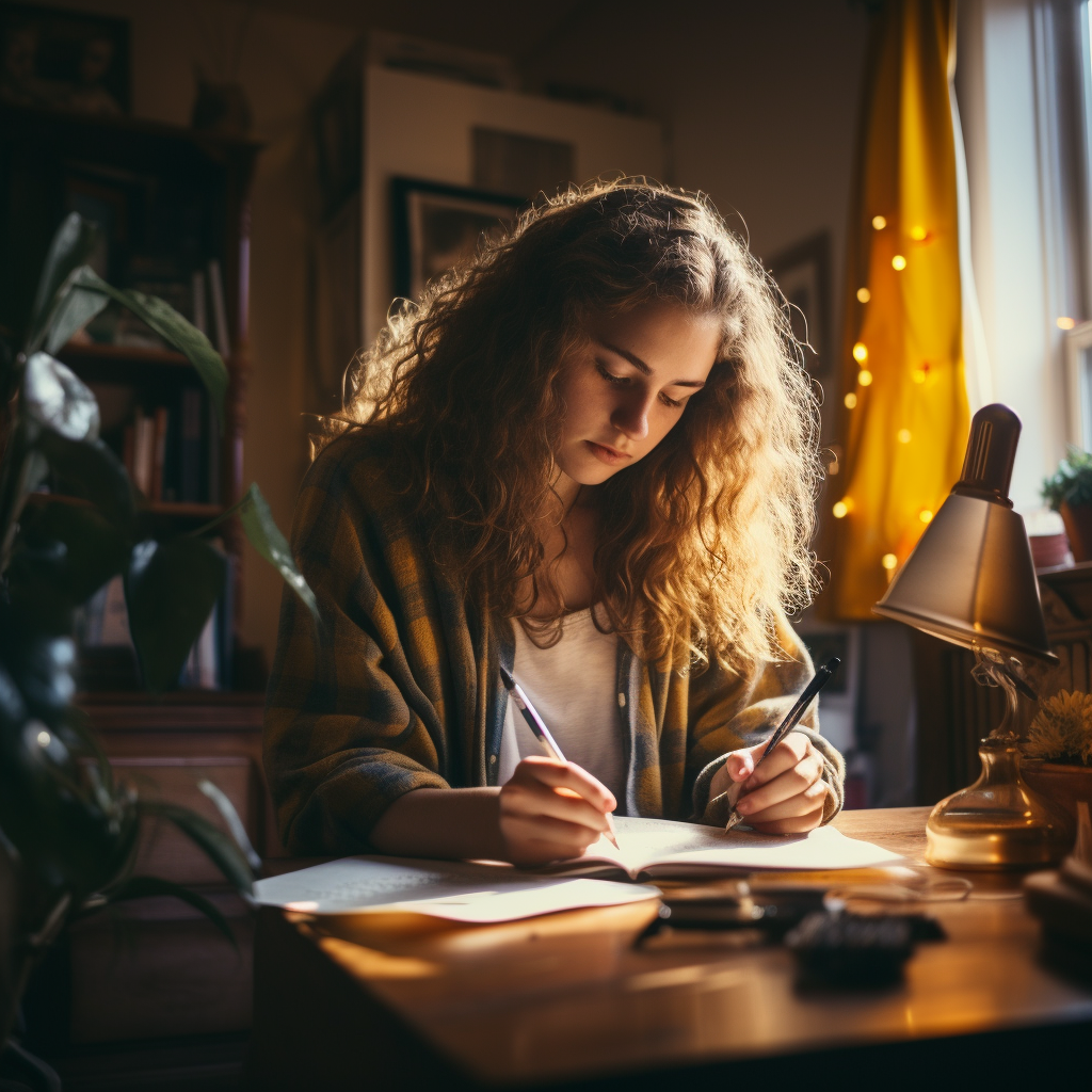 College student writing in library