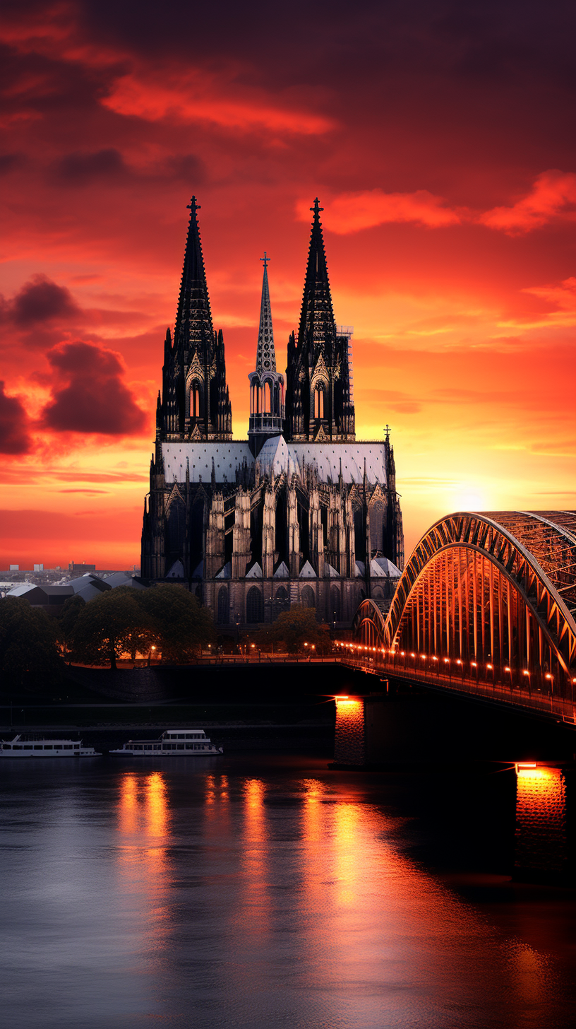 Stunning sunrise view of Cologne Cathedral by the Rhine