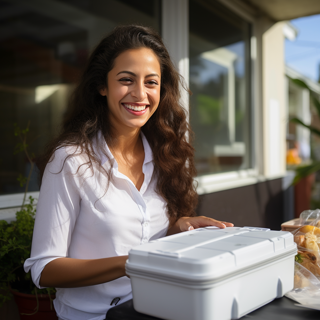 Smiling Colombian business woman preparing to leave