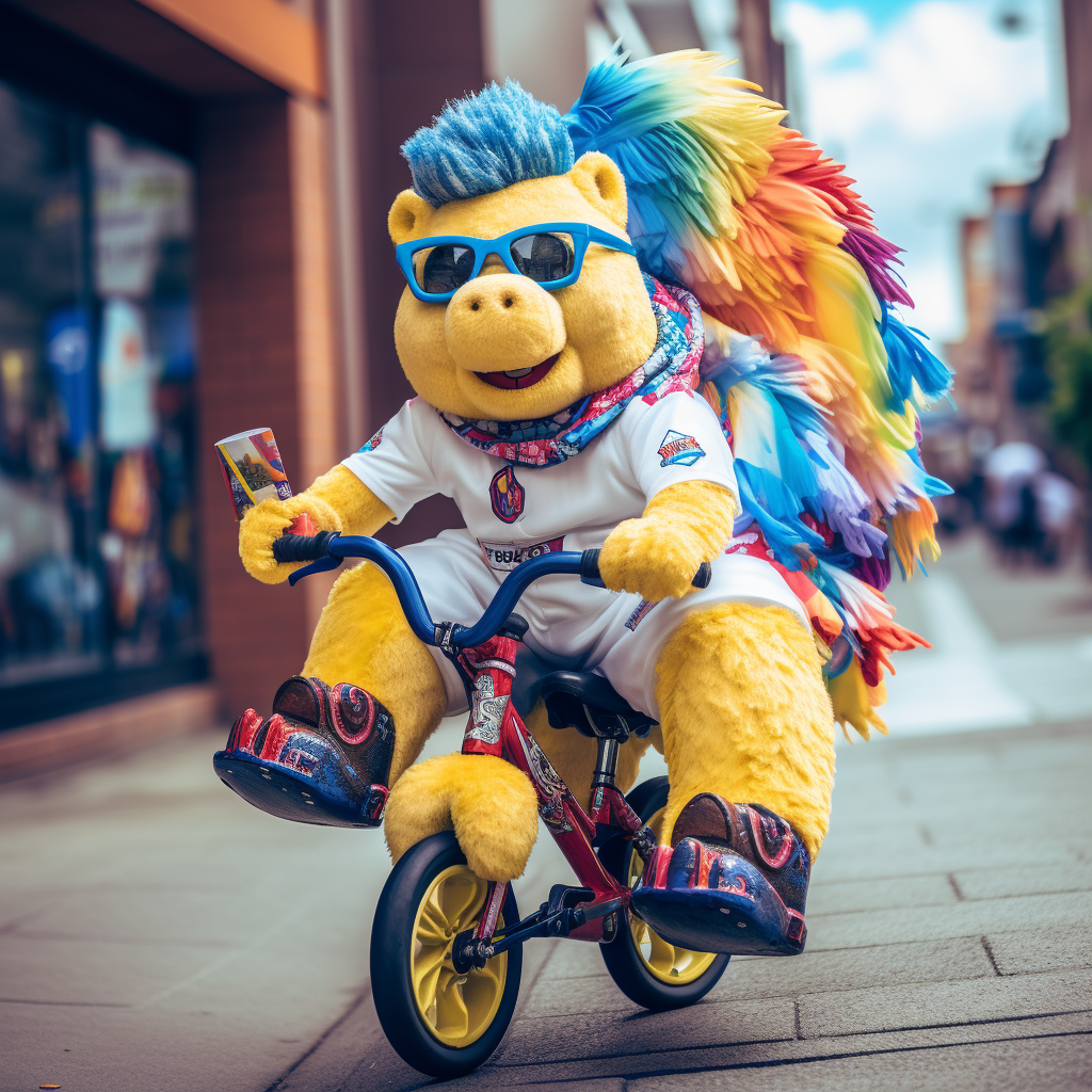 Colombian Cookie Monster riding unicorn through Medellin streets