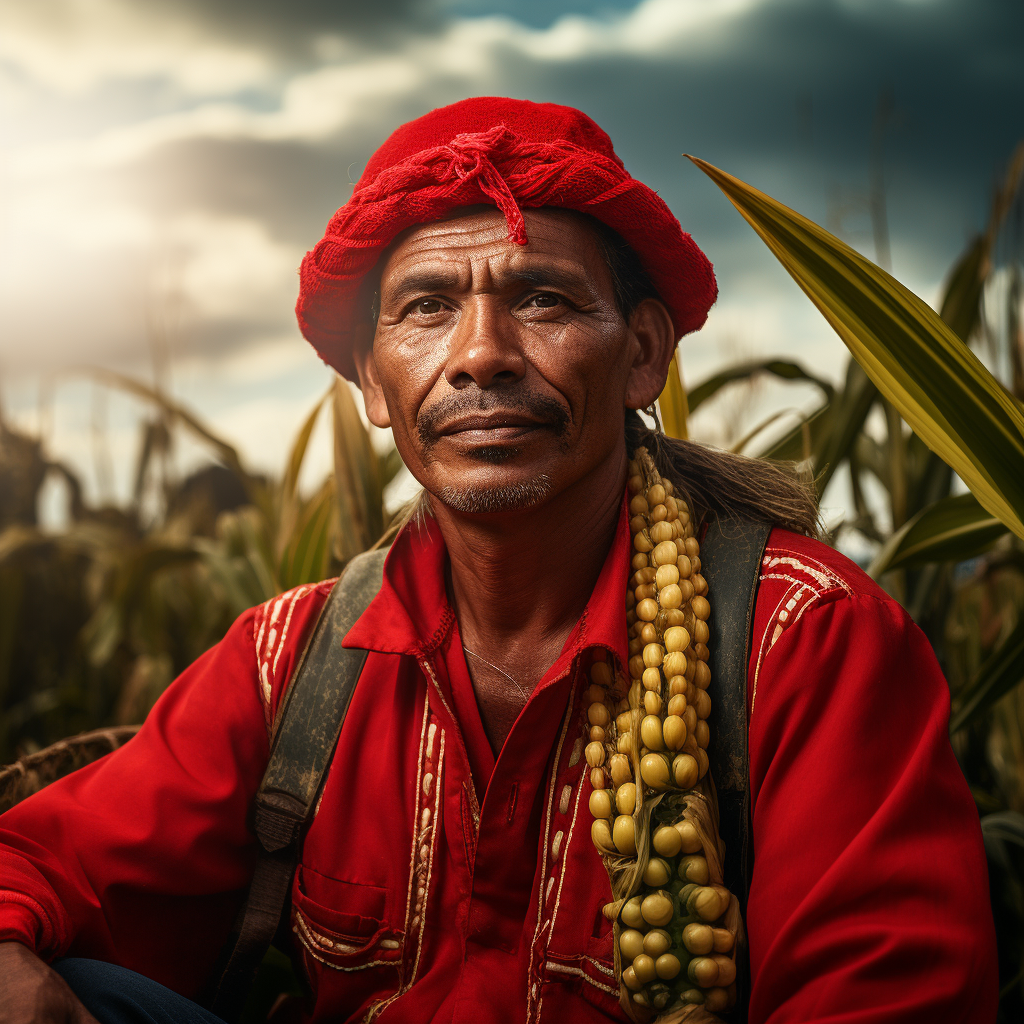 Colombian farmer with red tunic and golden crown