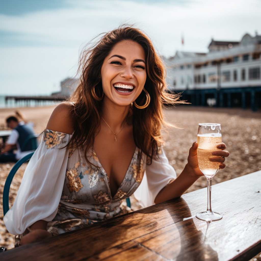 Colombian woman dining in Brighton smiling