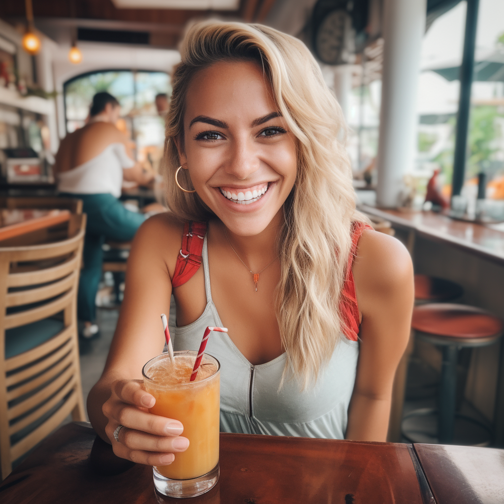 Colombian woman having brunch in Medellin, smiling