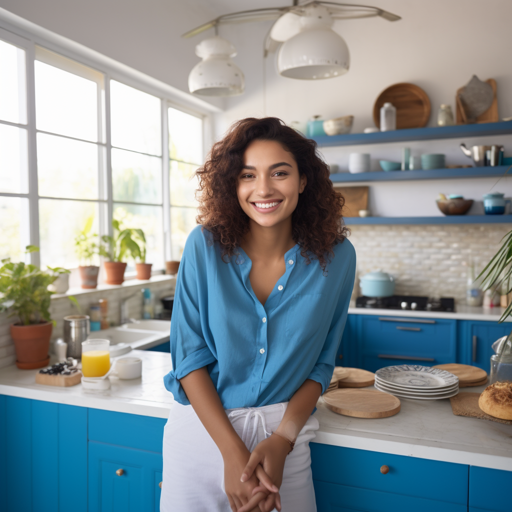 Colombian domestic worker smiling while preparing lunch