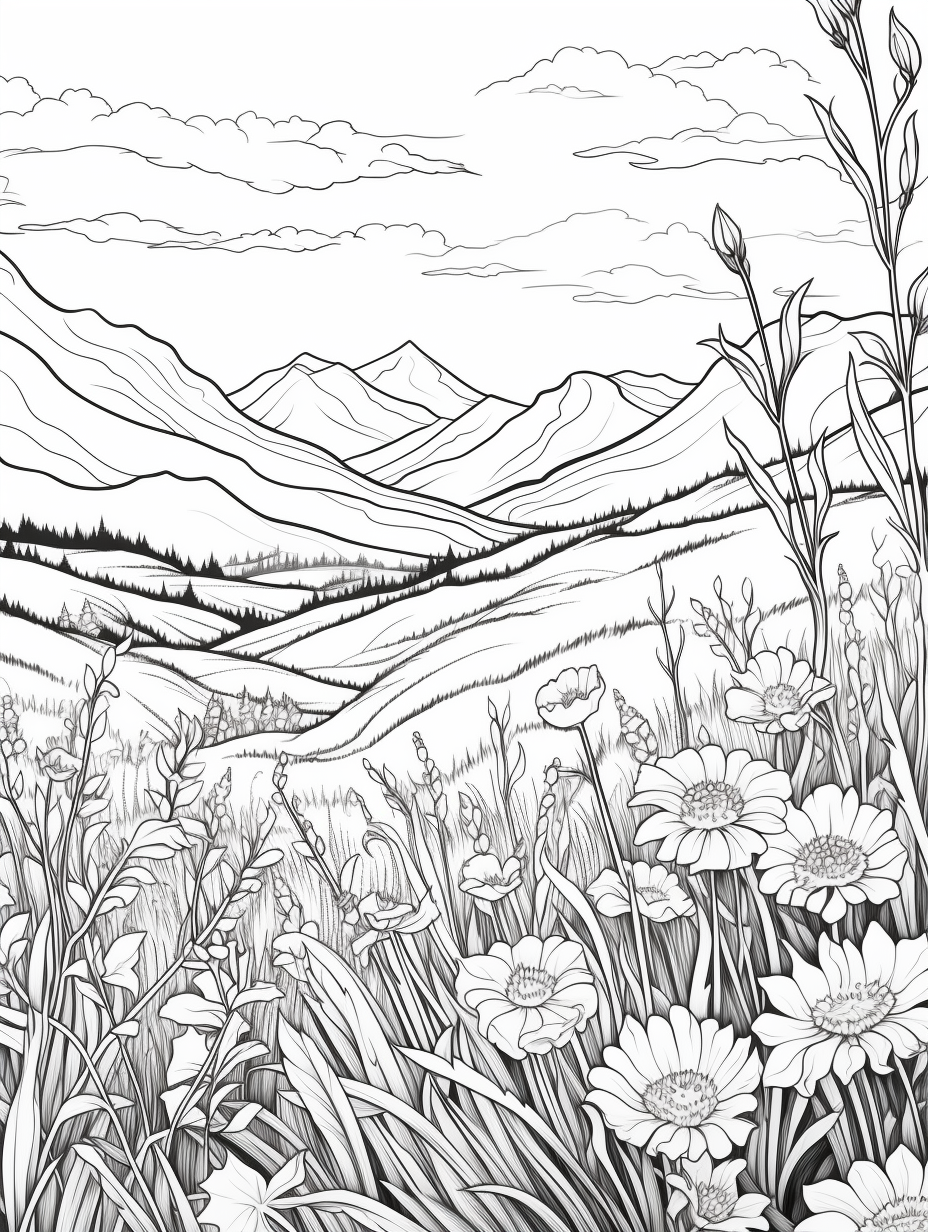 Coloring page of Colorado wildflowers field