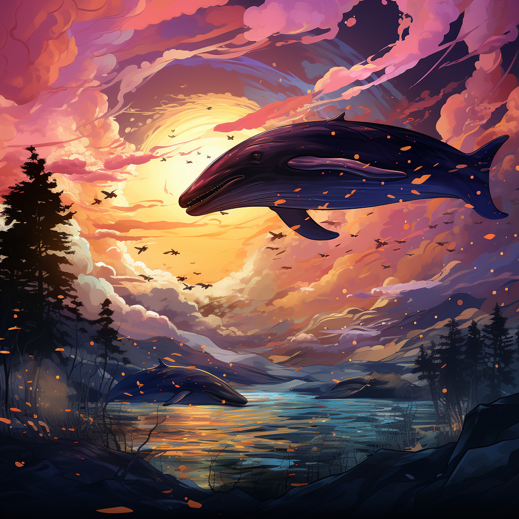 Humpback Whales Flying in Colored Manga