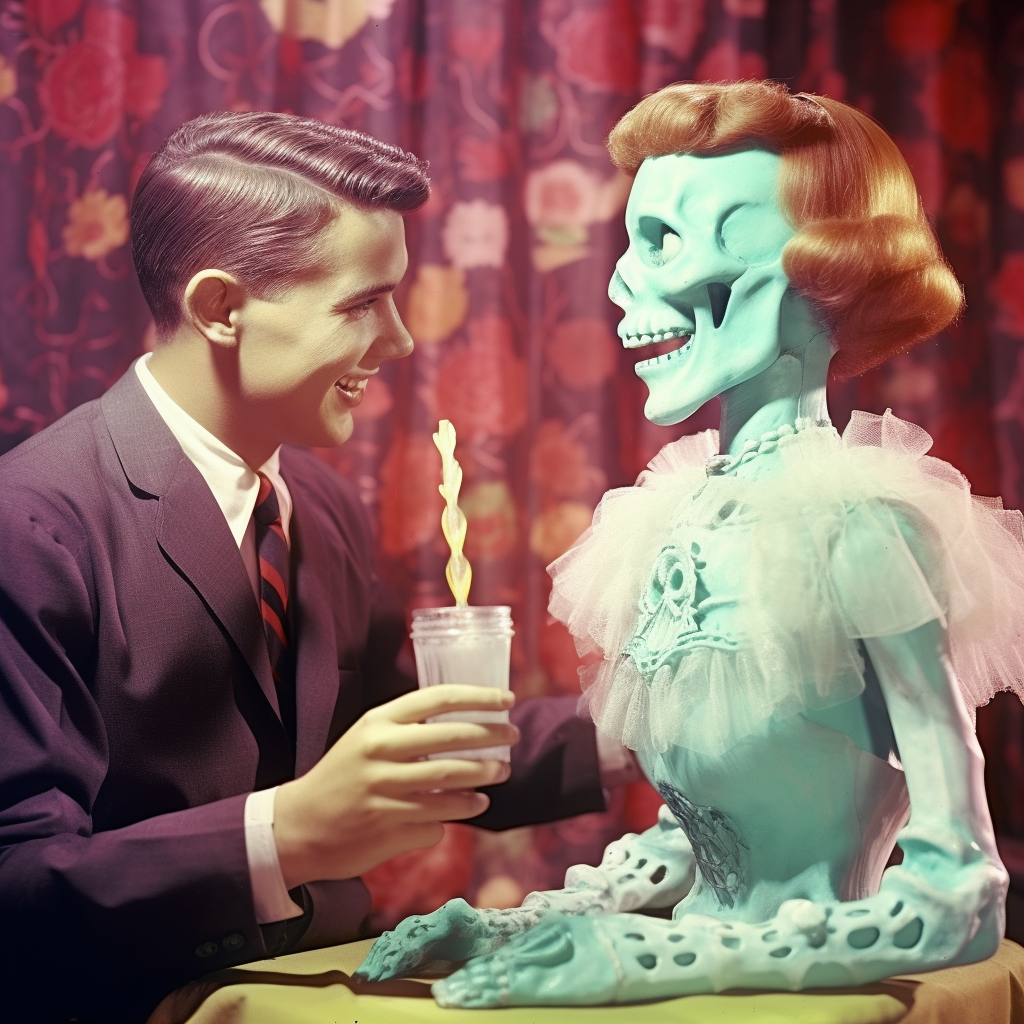 Colorful 1950s Kitsch with Happy Ghost Skeleton Poison