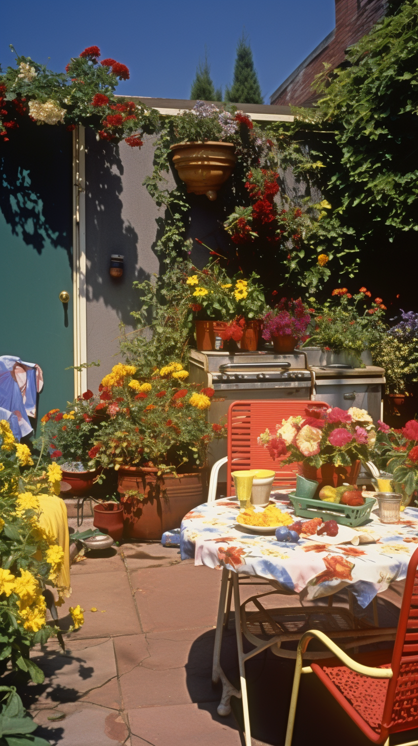 Colorful 1980s garden with outdoor furniture