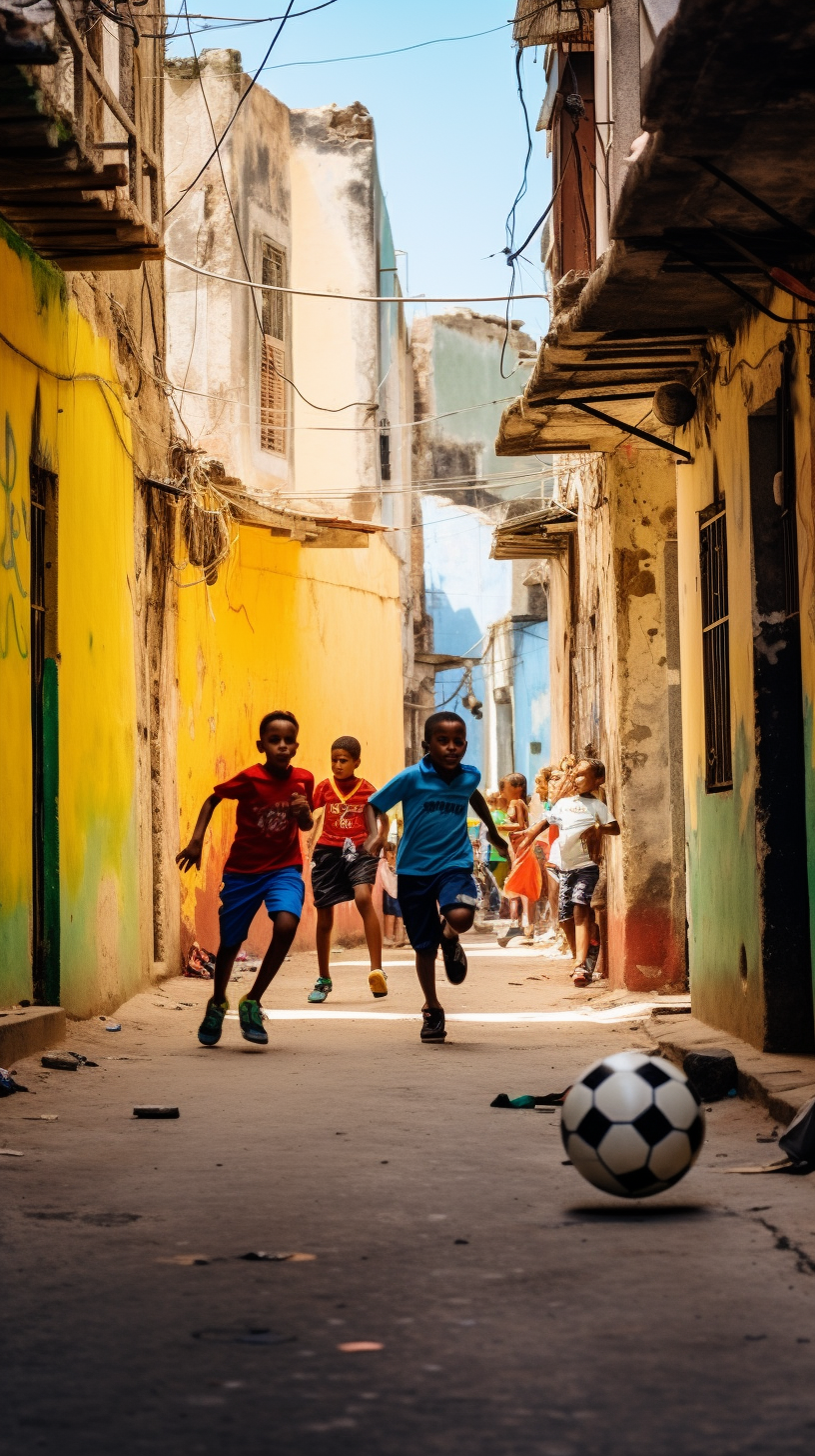 Children playing soccer in a colorful alleyway