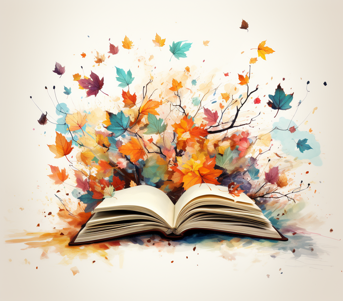 Colorful autumn leaves with books calling