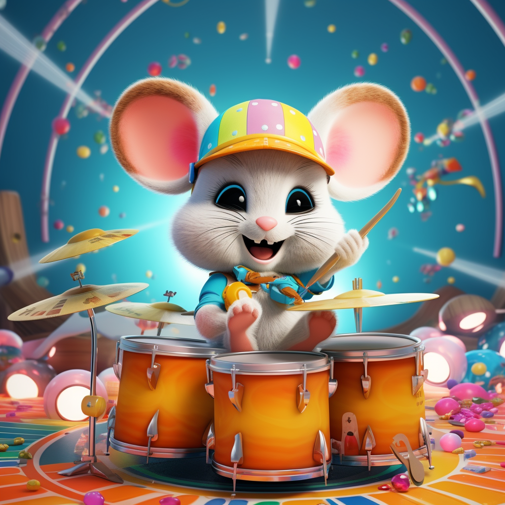 Colorful baby mouse drumming on a drum