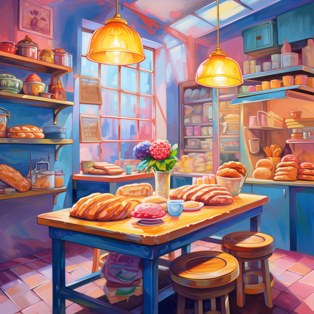 Colorful Bakery Kitchen with Lamp, Bread, and Cake