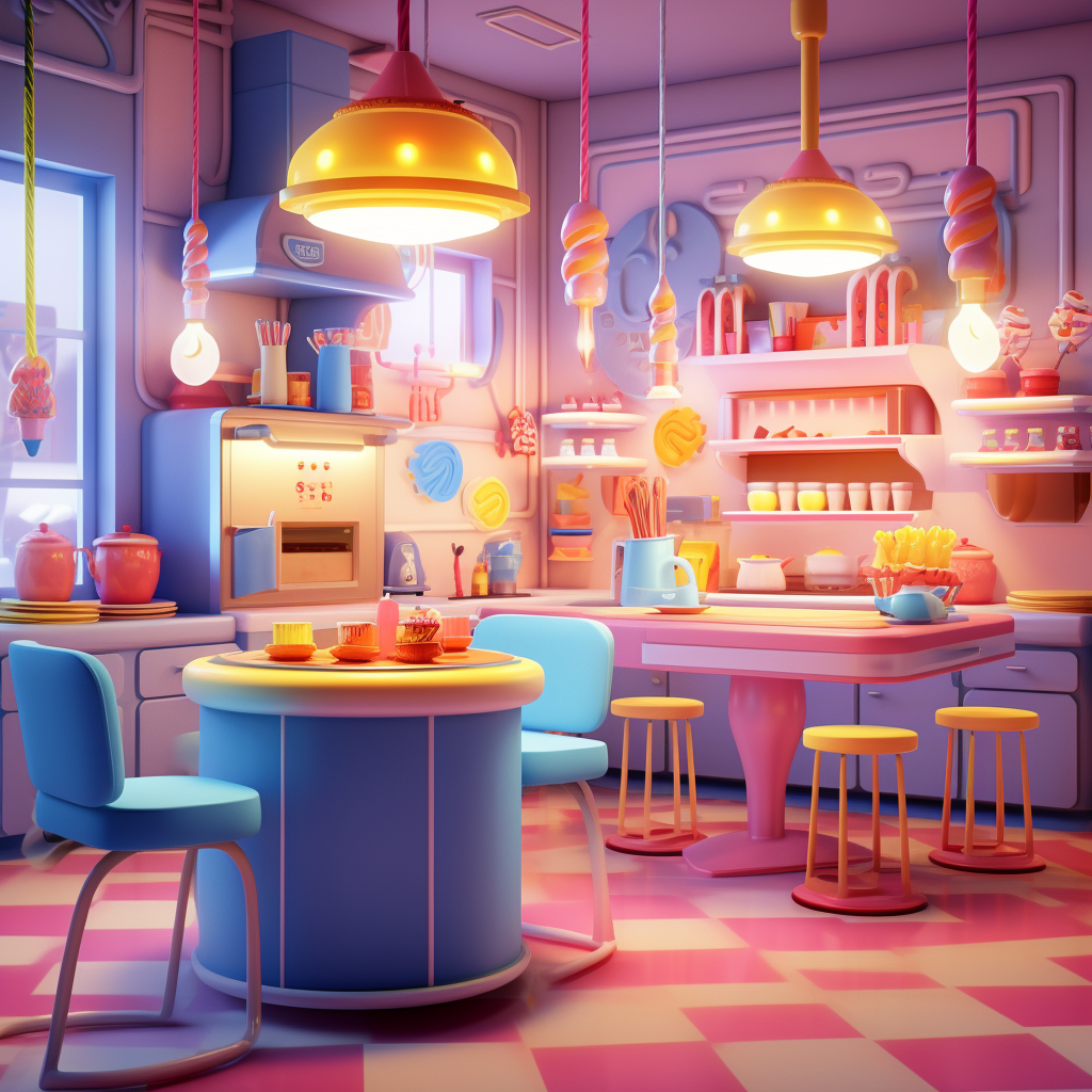 Colorful bakery kitchen with bread and cake