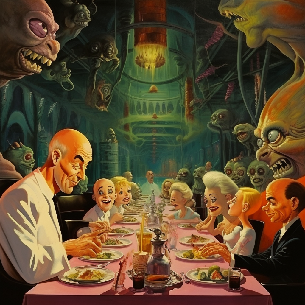 Vibrant cartoon of bald men and women enjoying goo