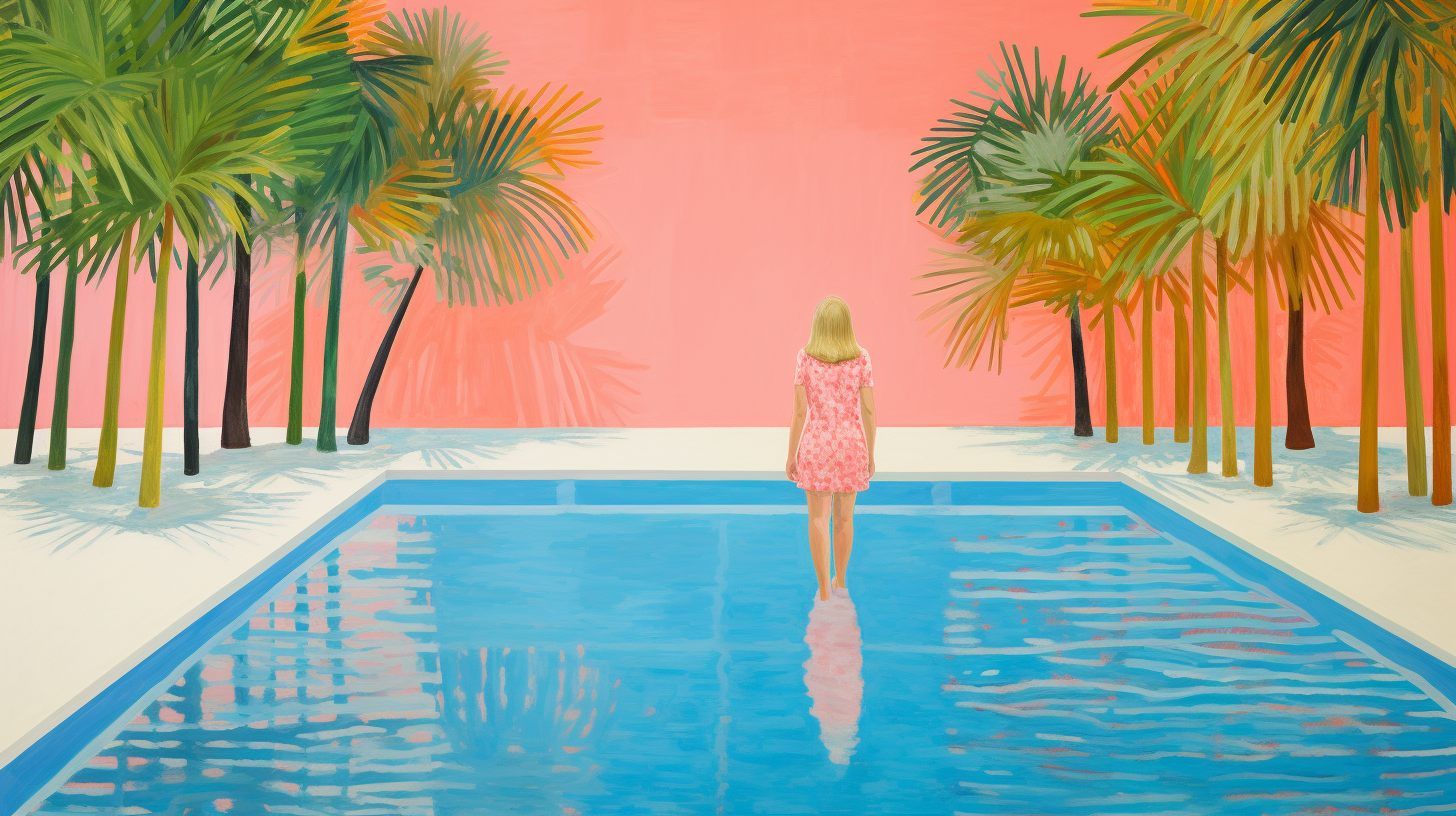 Colorful art print of a woman on a beach pool surrounded by palms