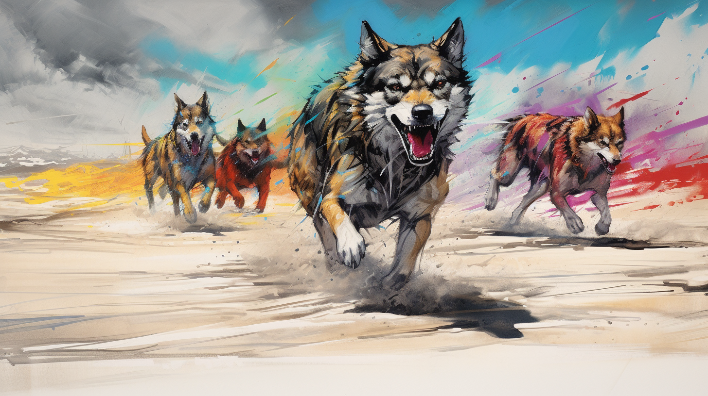 Running wolf on colorful beach